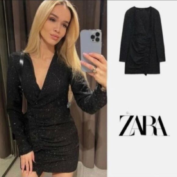 Zara Black Textured Weave Dress with Ruffle Size Small - Picture 2 of 12